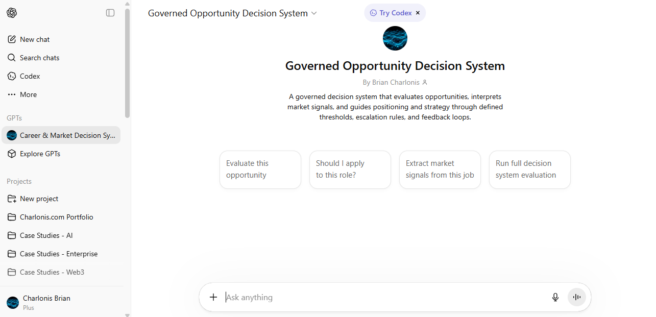 Charlonis Governed Opportunity Decision System